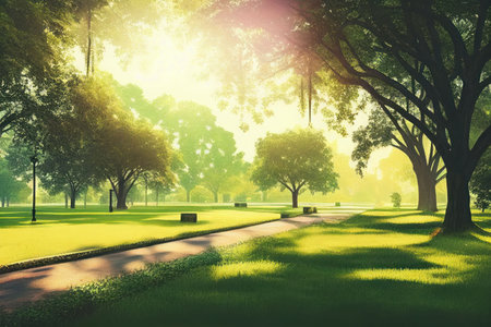 Beautiful public park with green grass field on morning light Created with Generative AI technology.の素材
