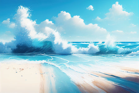 Summer beach seascape and sea wave runs over the sandy shore Created with Generative AI technology.の素材