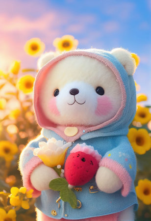 Cute yarn doll teddy bear in field of flower on glowing light Created with Generative AI technology.の素材
