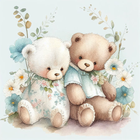 Illustration two teddy bear sitting together in flower garden Created with Generative AI technology.の素材