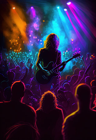 People enjoy concert by dancing and singing in neon nightclub Created with Generative AI technology.の素材