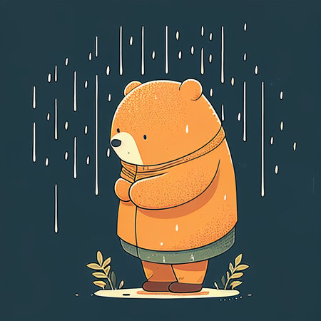 Illustration cute teddy bear standing alone on rainy day Created with Generative AI technology.の素材