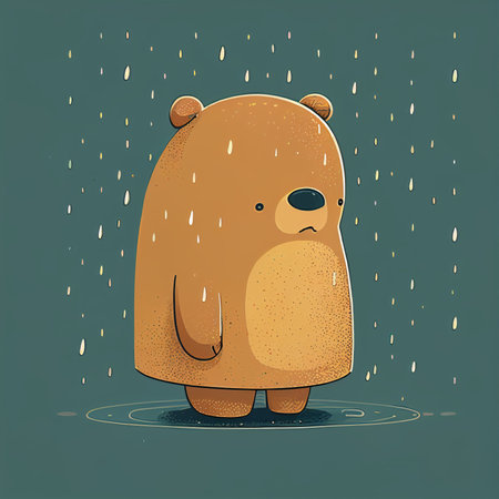 Illustration cute teddy bear standing alone on rainy day Created with Generative AI technology.の素材