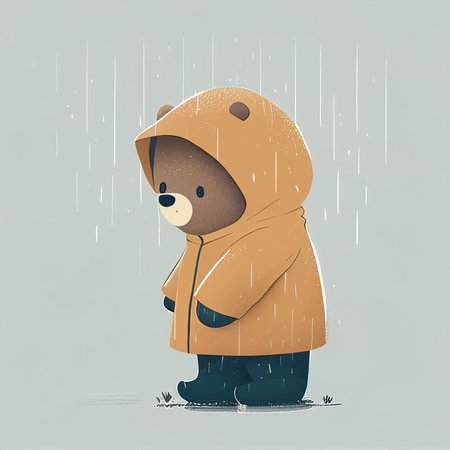 Illustration cute teddy bear standing alone on rainy day Created with Generative AI technology.の素材