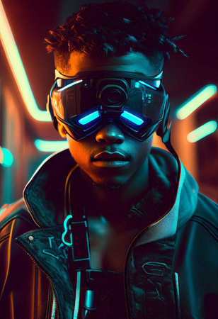 Man wearing Virtual reality device playing in digital world Created with Generative AI technology.の素材