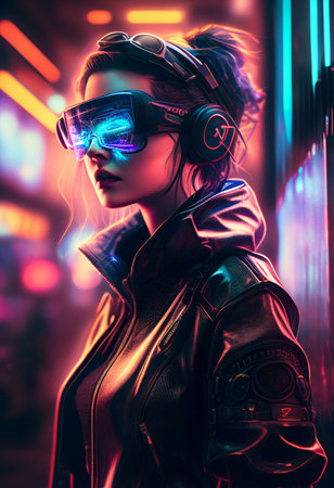 Woman wearing Virtual reality device playing in digital world Created with Generative AI technology.の素材