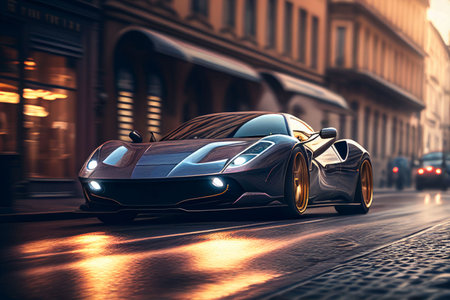 Bangkok, Thailand, 03.04.2023: Super car running in midtown Created with Generative AI technology.の素材