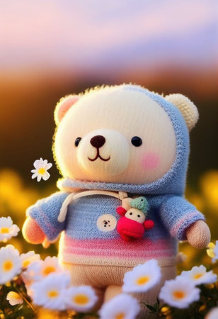 Cute yarn doll teddy bear in field of flower on glowing light Created with Generative AI technology.の素材