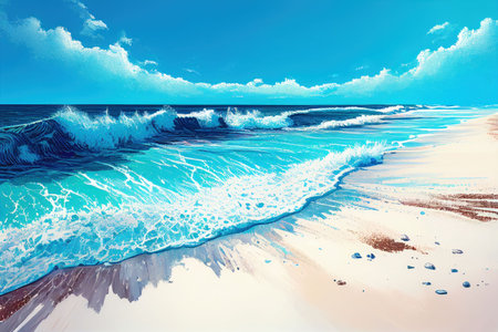 Summer beach seascape and sea wave runs over the sandy shore Created with Generative AI technology.の素材
