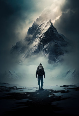 Strong man hiking to peak of snow mountain on cold winter Created with Generative AI technology.の素材