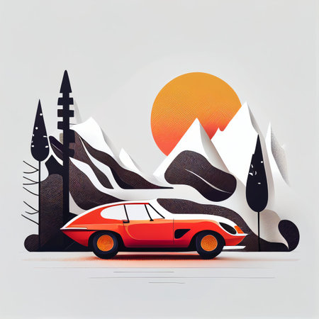 Illustration of minimalist sport car on landscape background Created with Generative AI technology.の素材