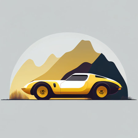 Illustration of minimalist sport car on landscape background Created with Generative AI technology.の素材