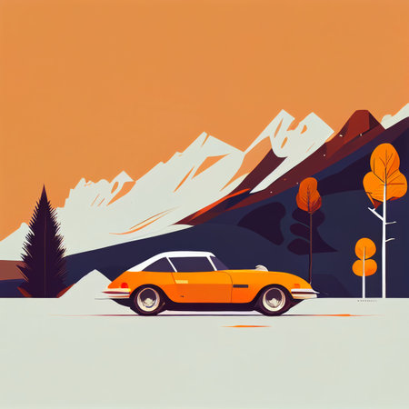 Illustration of minimalist sport car on landscape background Created with Generative AI technology.の素材