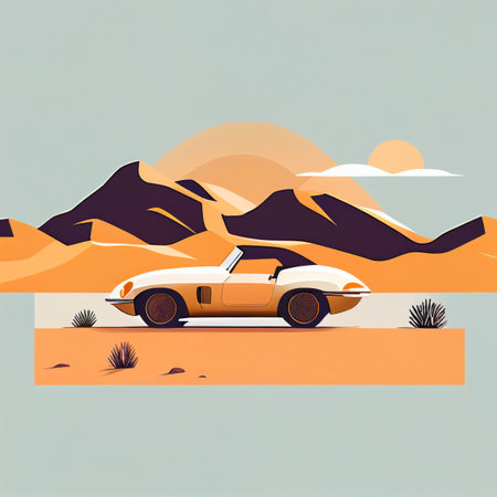 Illustration of minimalist sport car on landscape background Created with Generative AI technology.の素材