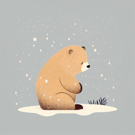 Illustration cute teddy bear standing alone on snowy day Created with Generative AI technology.の素材