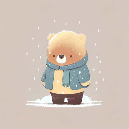 Illustration cute teddy bear standing alone on snowy day Created with Generative AI technology.の素材