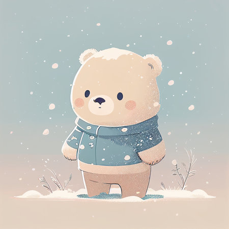 Illustration cute teddy bear standing alone on snowy day Created with Generative AI technology.の素材