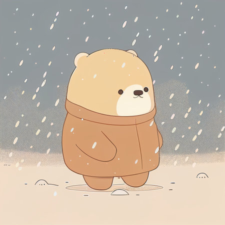 Illustration cute teddy bear standing alone on snowy day Created with Generative AI technology.の素材