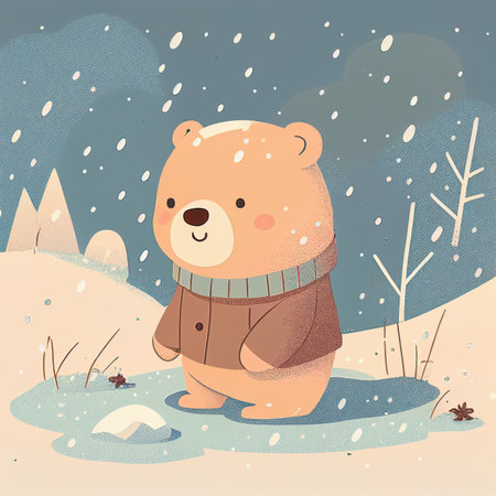 Illustration cute teddy bear standing alone on snowy day Created with Generative AI technology.の素材