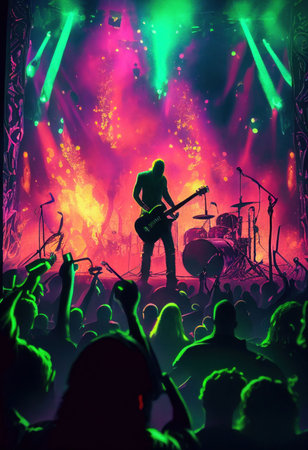 People enjoy concert by dancing and singing in neon nightclub Created with Generative AI technology.の素材