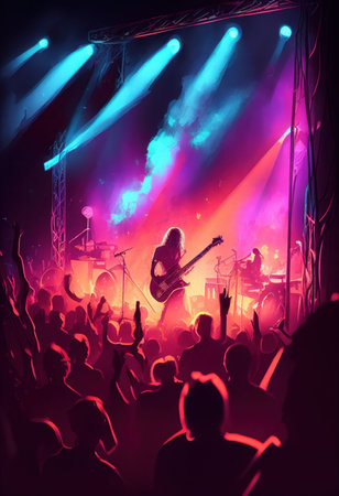 People enjoy concert by dancing and singing in neon nightclub Created with Generative AI technology.の素材