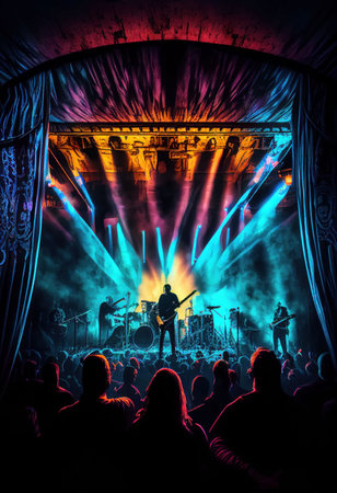 People enjoy concert by dancing and singing in neon nightclub Created with Generative AI technology.の素材