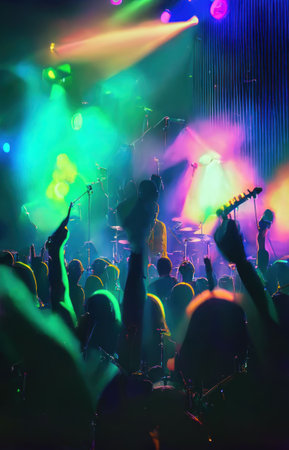 People enjoy concert by dancing and singing in neon nightclub Created with Generative AI technology.の素材