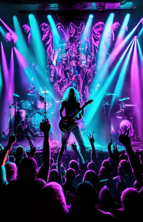 People enjoy concert by dancing and singing in neon nightclub Created with Generative AI technology.の素材