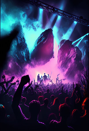 People enjoy concert by dancing and singing in neon nightclub Created with Generative AI technology.の素材