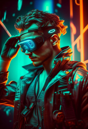 Man wearing Virtual reality device playing in digital world Created with Generative AI technology.の素材