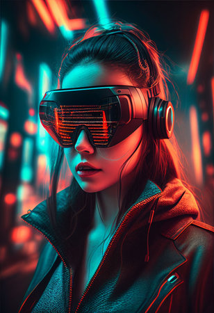 Woman wearing Virtual reality device playing in digital world Created with Generative AI technology.の素材