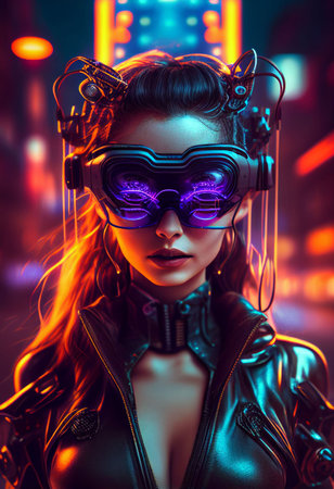 Woman wearing Virtual reality device playing in digital world Created with Generative AI technology.の素材