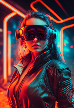 Woman wearing Virtual reality device playing in digital world Created with Generative AI technology.の素材