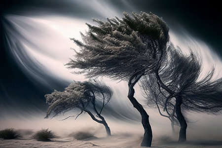 Big storm blowing big tree in arid desert on drought weather Created with Generative AI technology.の素材