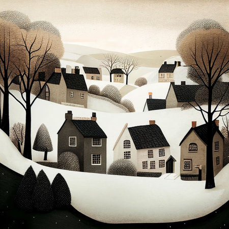 Kid painting colorful of beautiful snow village on snow hill Created with Generative AI technology.の素材