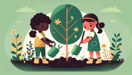 Children planting a tree for health the world and environment Created with Generative AI technology.の素材