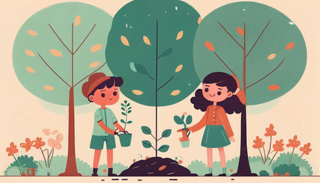 Children planting a tree for health the world and environment Created with Generative AI technology.の素材
