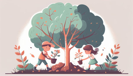 Children planting a tree for health the world and environment Created with Generative AI technology.の素材
