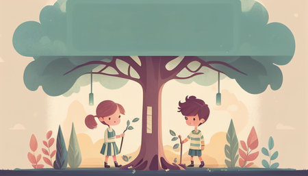 Children planting a tree for health the world and environment Created with Generative AI technology.の素材