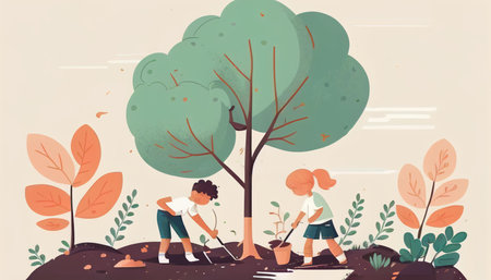 Children planting a tree for health the world and environment Created with Generative AI technology.の素材