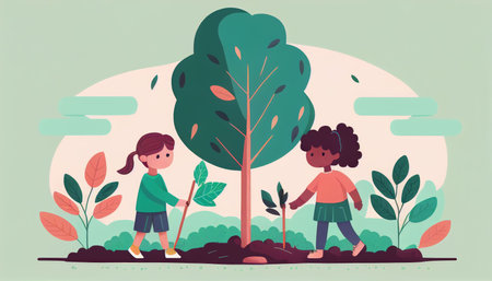 Children planting a tree for health the world and environment Created with Generative AI technology.の素材