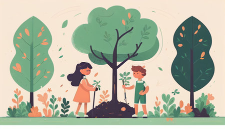 Children planting a tree for health the world and environment Created with Generative AI technology.の素材