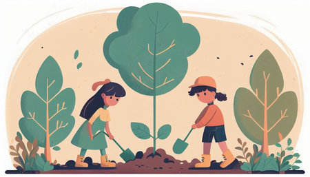 Children planting a tree for health the world and environment Created with Generative AI technology.の素材