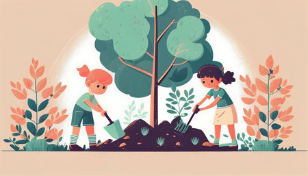 Children planting a tree for health the world and environment Created with Generative AI technology.の素材