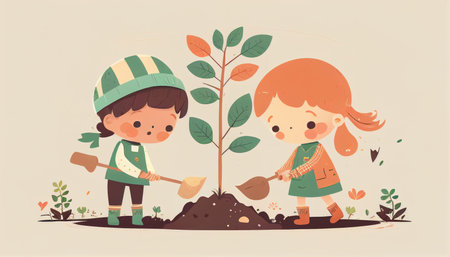 Children planting a tree for health the world and environment Created with Generative AI technology.の素材