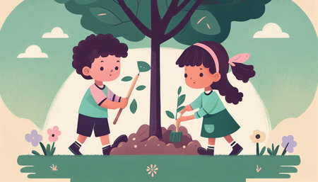 Children planting a tree for health the world and environment Created with Generative AI technology.の素材