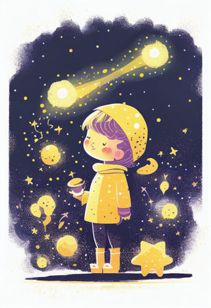 Cover book of kid standing on universe with cute little stars Created with Generative AI technology.の素材