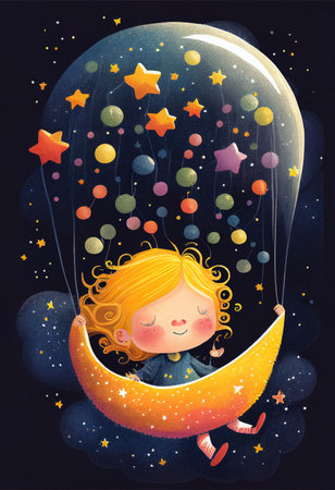 Cover book of kid standing on universe with cute little stars Created with Generative AI technology.の素材