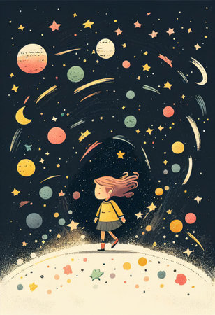 Cover book of kid standing on universe with cute little stars Created with Generative AI technology.の素材