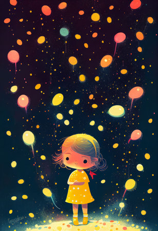 Cover book of kid standing on universe with cute little stars Created with Generative AI technology.の素材